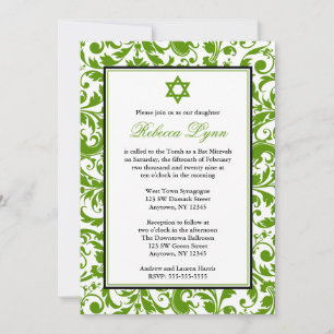 Convites para Damask Bat Mitzvah Green Swirl