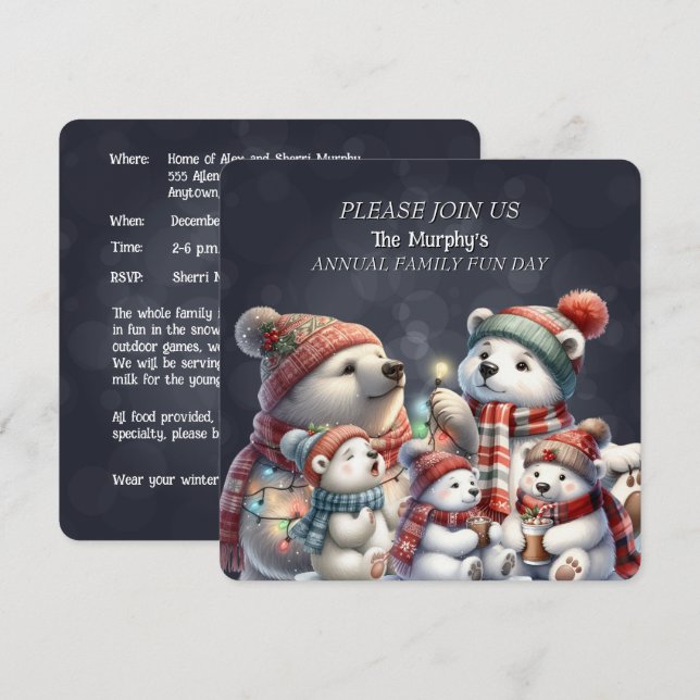 Convites para Diversão da Família Polar Bear (Frente/Verso)