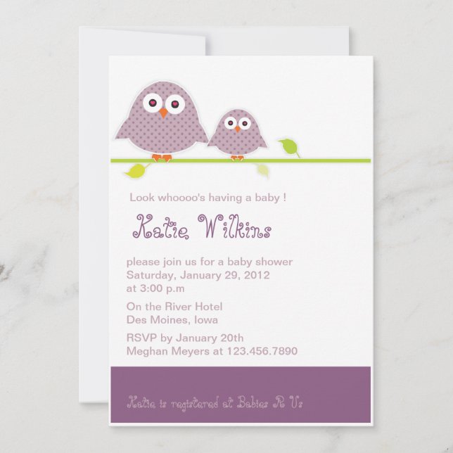 Convites para duche de Roxo Moma e Baby Owls (Frente)