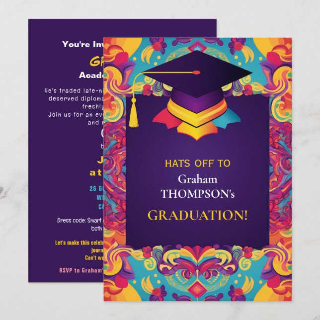 Convites Para ele, festa de graduação engraçada e vibrante (Frente/Verso)