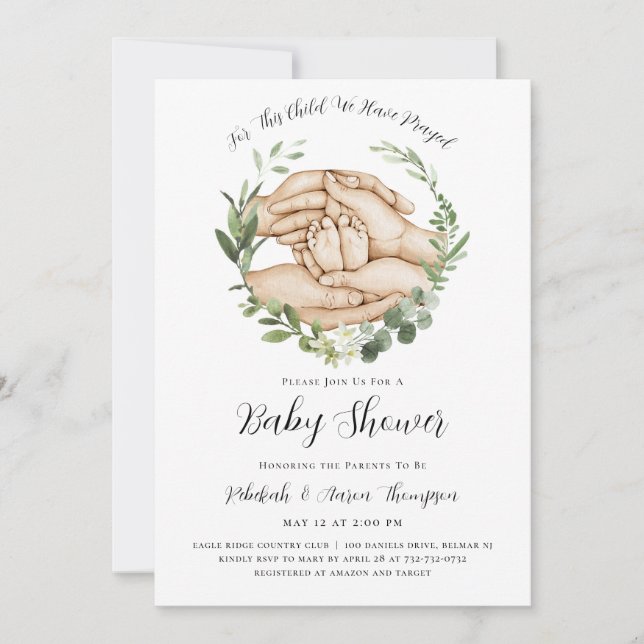 Convites Para Esta Criança, Nós Rezamos Chá de fraldas Conv (Frente)