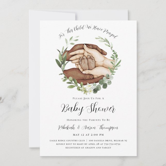 Convites Para Esta Criança, Nós Rezamos Chá de fraldas Conv (Frente)