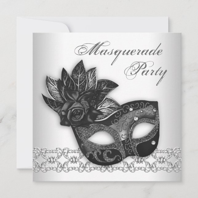 Convites para Festa de Máscaras Preto e Branco (Frente)