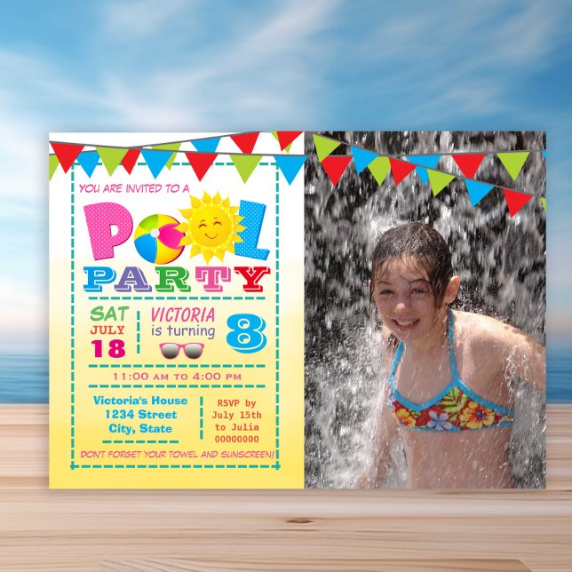 Convites para Festa de Piscina de Meninas (Cute any number pool birthday party invitation. Simply add your details and photo.)