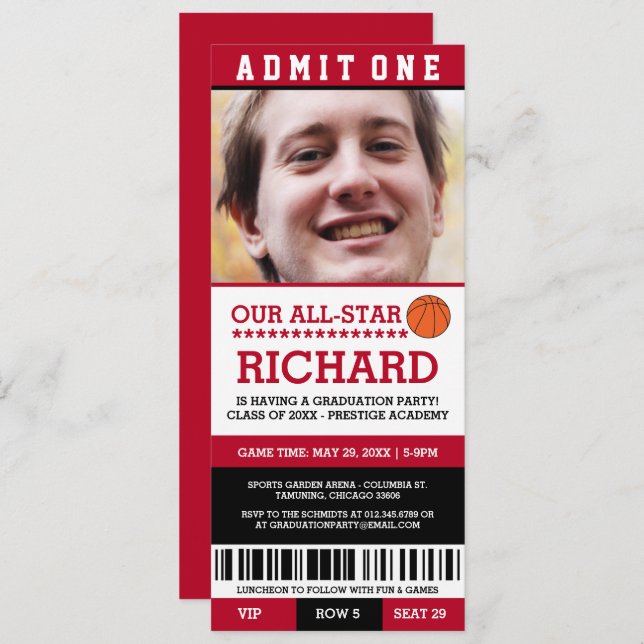 Convites para Festas de formatura de Basquete Verm (Frente/Verso)