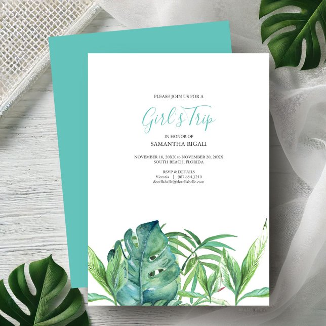 Convites para Festas de solteira de praia tropical (Bachelorette party invitations watercolor tropical monstera palm leave art by Victoria Grigaliunas)