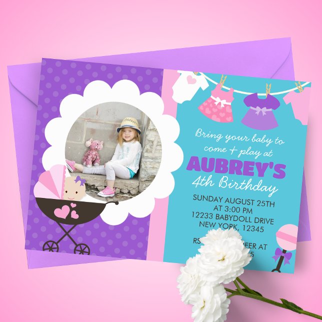 Convites para Fotografias de Festa de aniversário  (Baby Doll 1 Picture Birthday Party Invitations. Available printed or digital download)