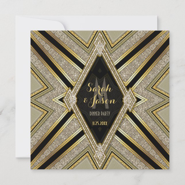 Convites para Jantar Art Deco Goldy Diamonds (Frente)