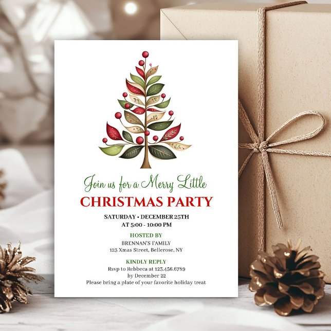 Convites para jantar de Natal com árvore de Natal  (Red green artistic Christmas tree dinner invitation)