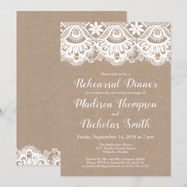 Convites para Janto de ensaio de burlap e Lace (Frente/Verso)