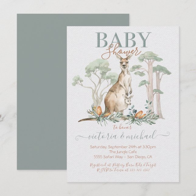 Convites para Kangaroo e Joey Baby Shower (Frente/Verso)