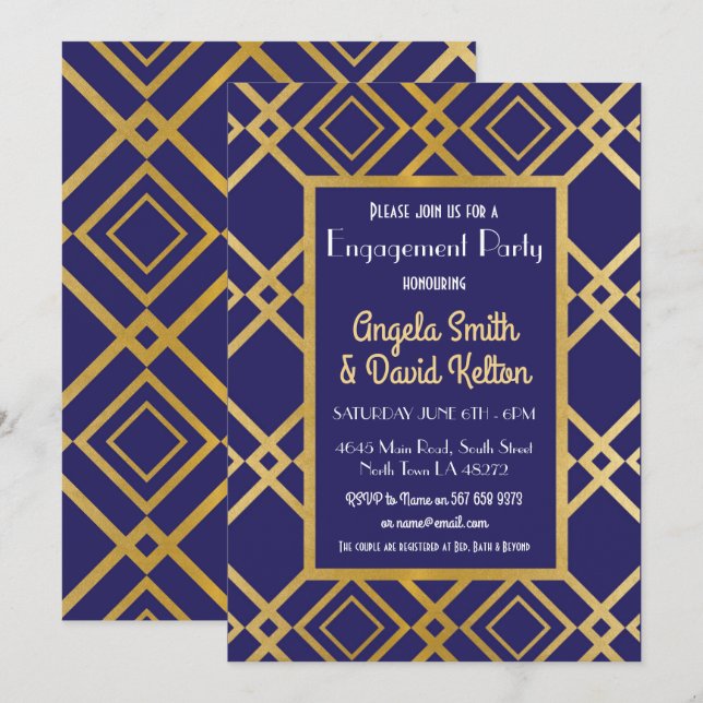 Convites para Noivados Art Deco Marinho de convite (Frente/Verso)