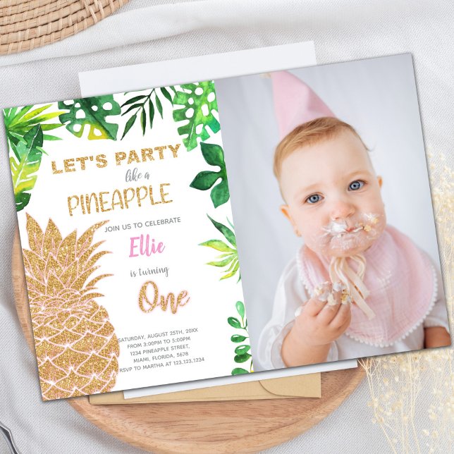 Convites para o abacaxi com ouro com fotografia (Golden Glitter Pineapple Invitations with photo)