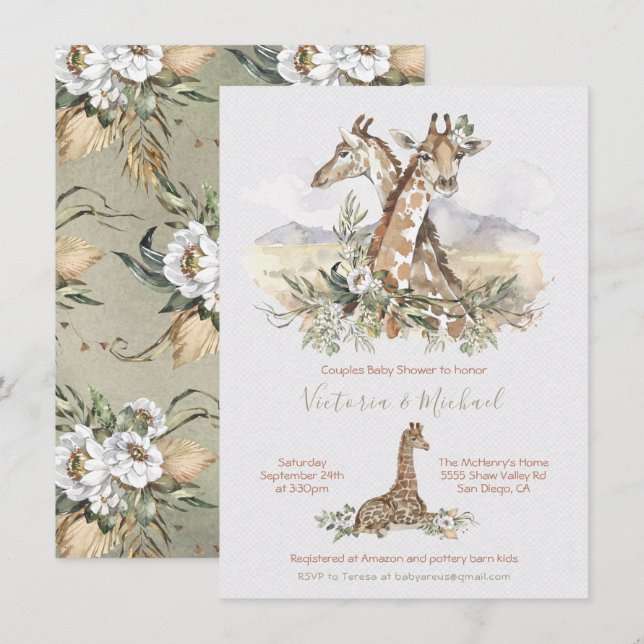 Convites para o Bebê da Girafa da Selva Tropical (Frente/Verso)