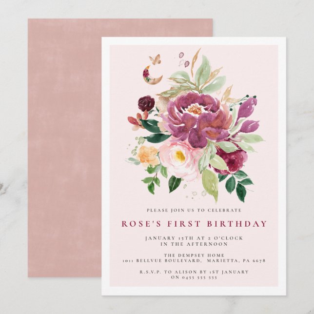 Convites para primeiros aniversarios | Buquê Saffr (Frente/Verso)