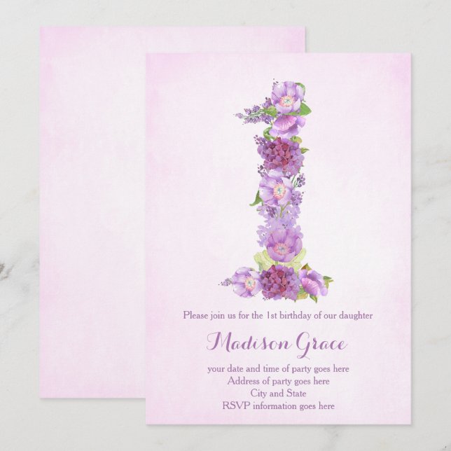 convites para primeiros aniversarios de lavanda, p (Frente/Verso)