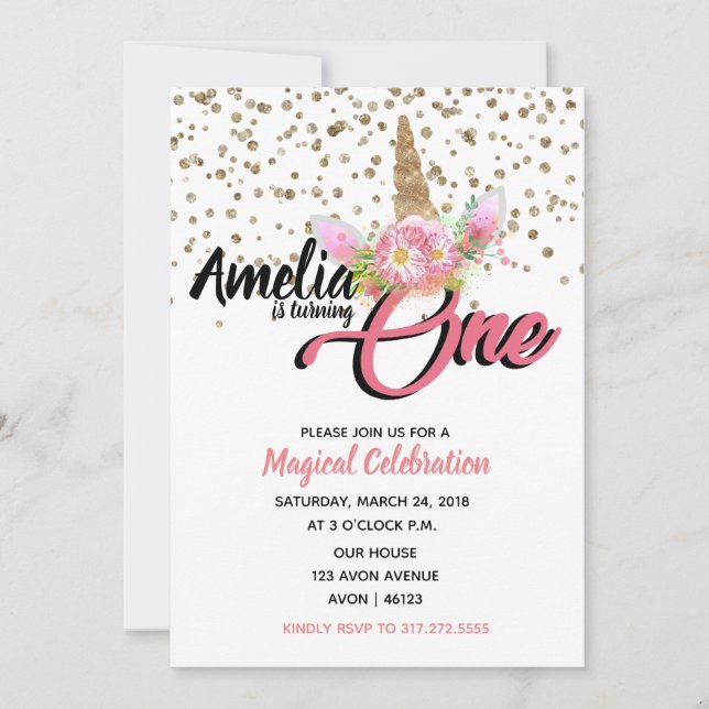 Convites para primeiros aniversarios Unicórn (Frente)