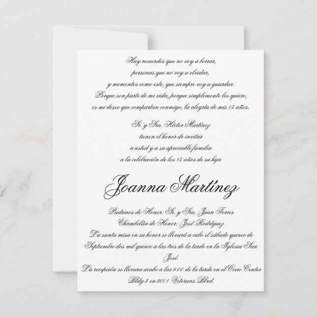 Convites para Quinceanera em Espanhol 4,25 x 5,5 (Verso)
