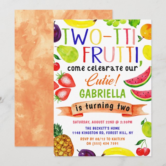 Convites para segundos aniversários Frutti de Duas (Frente/Verso)