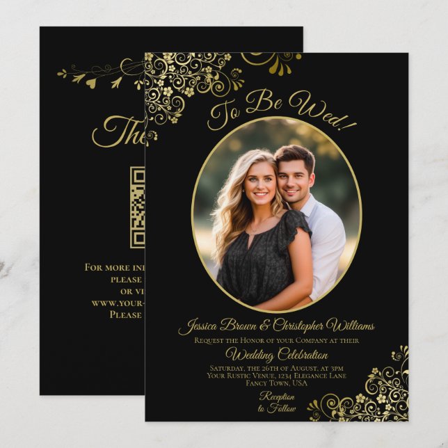 Convites Para Ser Casado Código QR Preto & Ouro e Casamento (Frente/Verso)