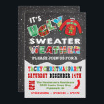 Convites para Sweater de Natal UGLY Chalkboard<br><div class="desc">Super legal e colorido,  esta Festa de Suéter de Natal Tacky ou Feia apresenta um suéter com um homem de gengibre,  neve caindo e tipografia de tecido,  tudo em um fundo de chalkboard. Excelente para uma festa de crianças ou de férias para adultos! Ilustração desenhada à mão por McBooboo.</div>