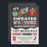 Convites para Sweater de Natal UGLY Chalkboard<br><div class="desc">Super legal e colorido,  esta Festa de Suéter de Natal Tacky ou Feia apresenta um suéter com um homem de gengibre,  neve caindo e tipografia de tecido,  tudo em um fundo de chalkboard. Excelente para uma festa de crianças ou de férias para adultos! Ilustração desenhada à mão por McBooboo.</div>