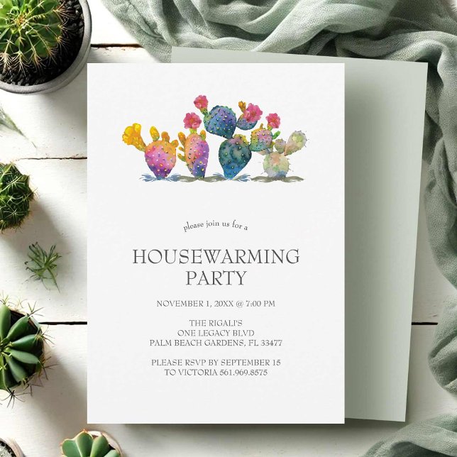 Convites Para Uso Doméstico Cactus (Housewarming party invitations watercolor cactus art by VG Invites)