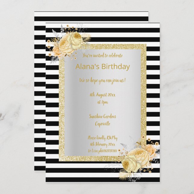 Convites Parabéns de buquê Dourado com faixa branca preta (Frente/Verso)