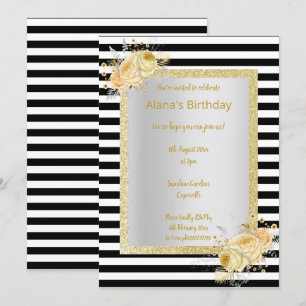 Convites Parabéns de buquê Dourado com faixa branca preta