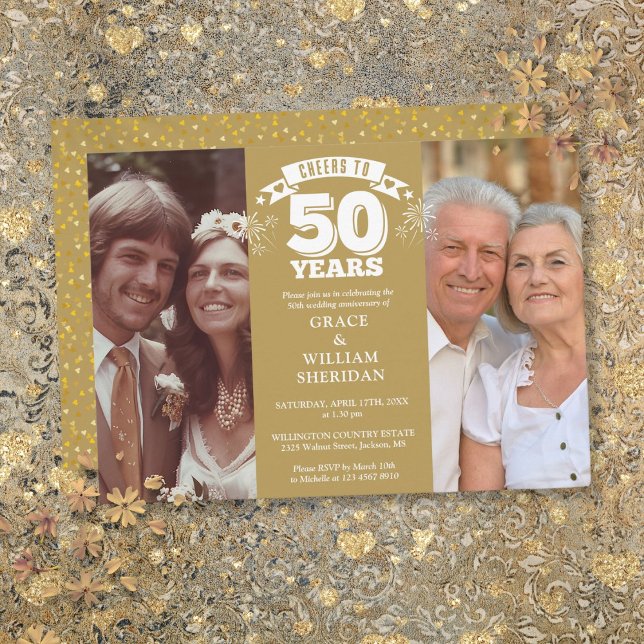 Convites Parabéns pelo 50º Aniversário de Casamento 2 Fotos (Cheers To 50th Wedding Anniversary 2 Photo Invitation)