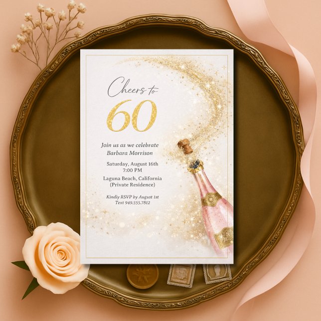 Convites Parabéns pelos 60 Anos Champanhe Rosa Dourada (Criador carregado)