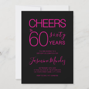 Convites Parabéns pelos 60 anos Elegante Preto Rosa Anivers
