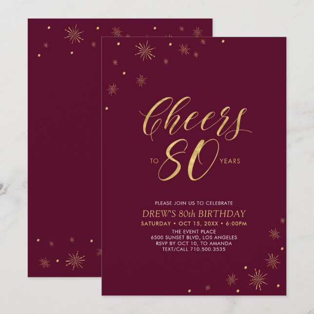 Convites Parabéns pelos 80 | Festa de Aniversário de 80 ano (Frente/Verso)