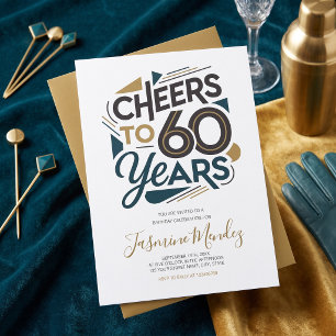 Convites Parabéns por 60 anos Retro Dourado Azul Aniversári