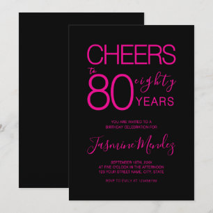 Convites Parabéns por 80 anos Elegante Preto Rosa Aniversár
