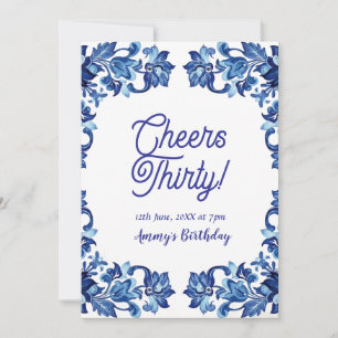 Convites Parabéns trinta aniversário azul real floral borda