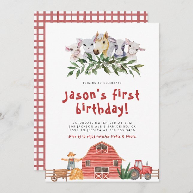 Convites Parada de Aniversário de Animais da Fazenda de Bar (Frente/Verso)