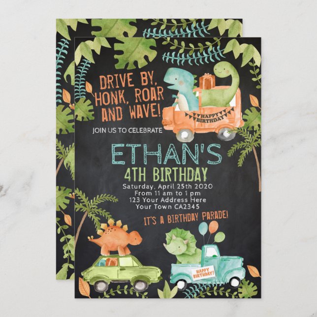 Convites Parada de Aniversário do Dinossauro (Frente/Verso)