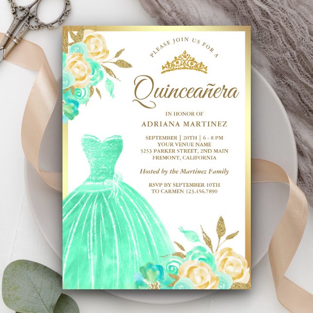 Convites Parada Gown Mint Green Floral Dourada Quinceanera (Criador carregado)