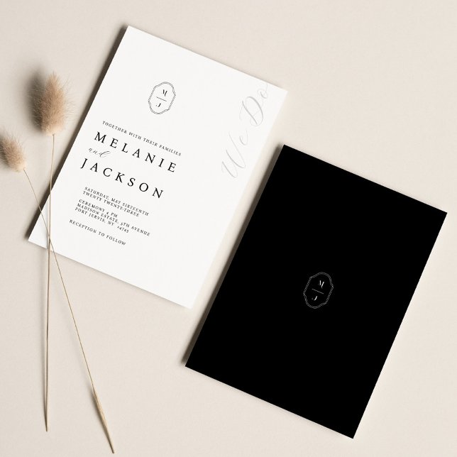 Convites Parada Mínima de Monograma Personalizado Preto e B (Criador carregado)