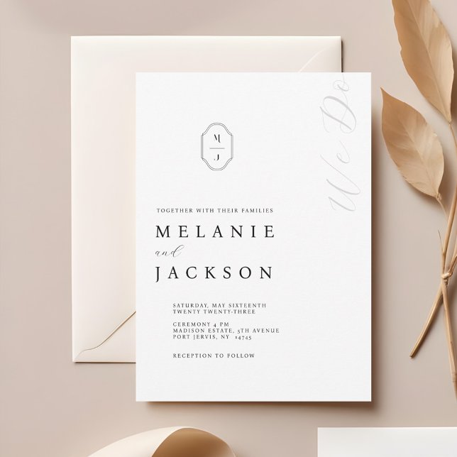 Convites Parada Mínima de Monograma Personalizado Preto e B (Minimal Black & White Personalized Monogram Crest Invitation)