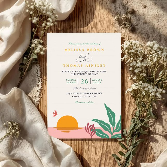 Convites Paradise Beach Tropical Vintage QR Code Wedding (Criador carregado)