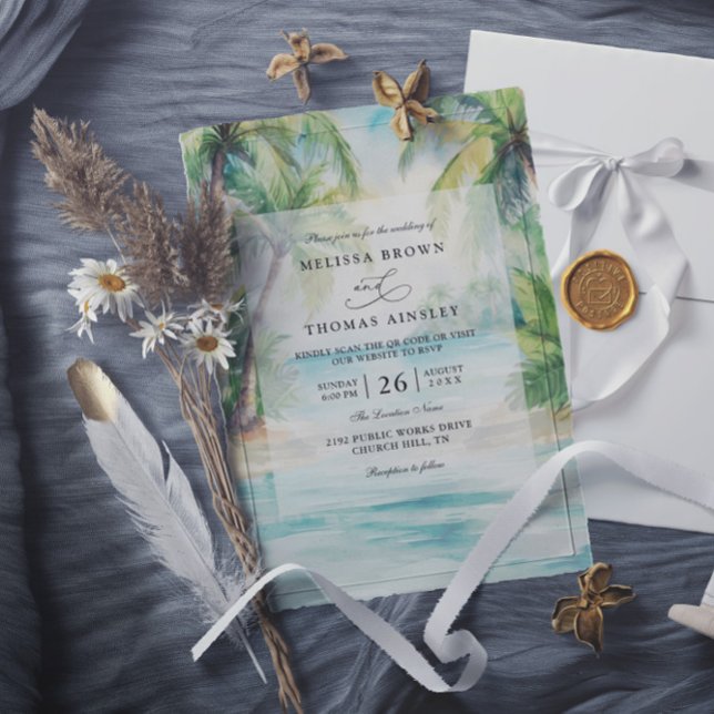 Convites Paradise Palms Tropical Beach QR Code Wedding (Criador carregado)