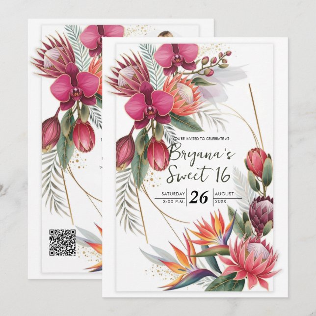 Convites Paraíso Floral Tropical Botânico Dourado Doce 16 (Frente/Verso)