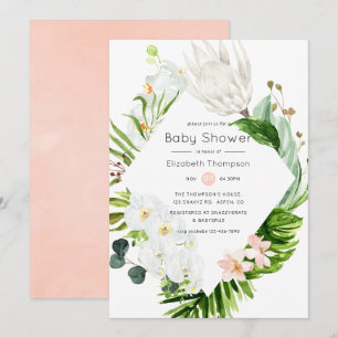 Convites Paraíso Tropical Floral Baby Shower Rosa Intenso