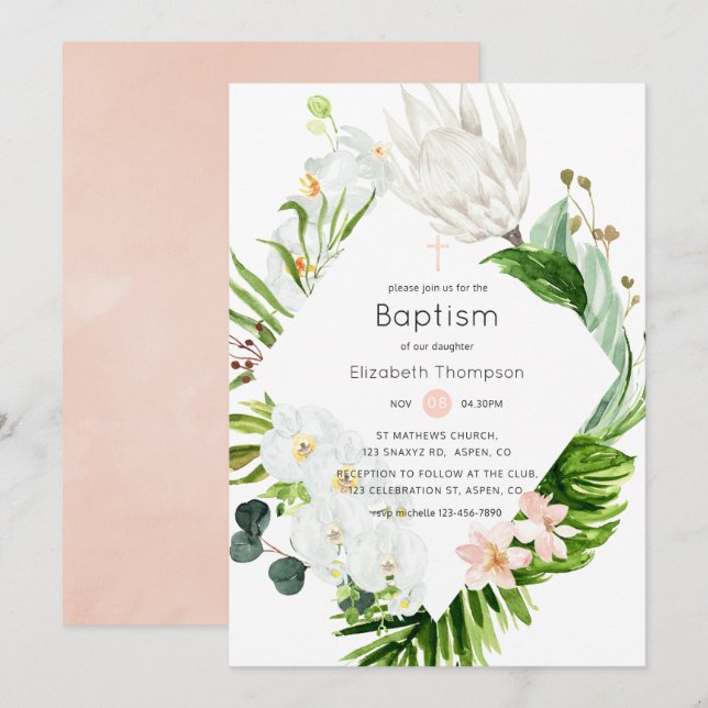 Convites Paraíso Tropical Floral Batismo Lush Blush (Frente/Verso)