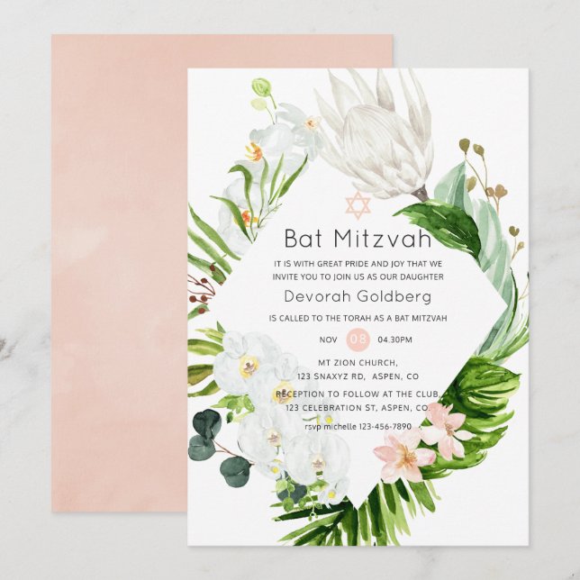 Convites Paraíso Tropical Floral Blush Lush Bat Mitzvah (Frente/Verso)