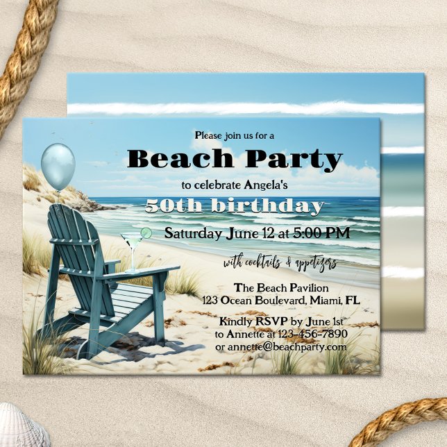 Convites Parceiro Adulto de Aniversário de Praia do Verão (Beach cocktail party invitation featuring a lounge chair in the dunes, overlooking the ocean)