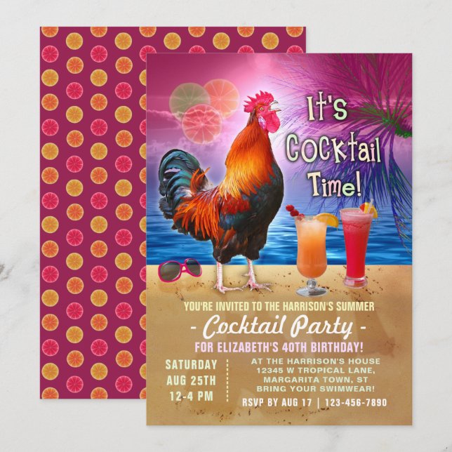 Convites Parceiro Cocktail Tropical Rooster Engraçado Anive (Frente/Verso)