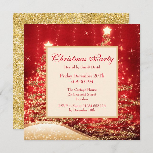 Convites Parceiro de Natal Árvores Espumantes Vermelhas com (Frente/Verso)